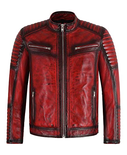 Smart Range Leather Racer Herren Lederjacke Rot Schwarz Waxed Quilted Stitch Biker Lederjacke 2565 (M) von Smart Range Leather