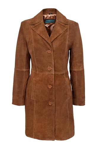 Smart Range Leather TRENCH 3457 Damen Classic Knie-Länge Designer Echt Bräunen Wildleder & Marine Wildleder Lederjacke Mantel (EU 34 / UK 8, Tan) von Smart Range Leather