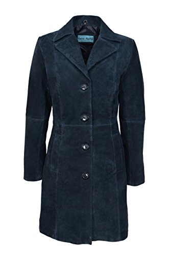 TRENCH Damen Echtlederjacke Schwarz Klassisch Knielang Designer Mantel 3457, Marineblau (Veloursleder), 42 von Smart Range Leather