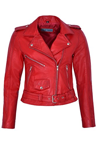 Bright Star Damen Brando Biker-Stil Echtleder Taillierte hohe Taille Reißverschluss Jacke Gr. 44, rot von Smart Range