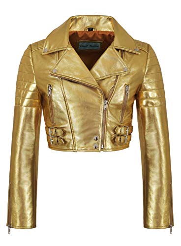 Smart Range Damen-Biker-Metallic-Lederjacke kurz geschnittener Body-Style aus echtem Lammfell 5625 (12 For Bust 82 CM, Metallic Gold) von Smart Range