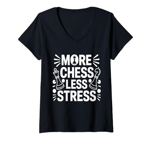 Damen Mehr Schach weniger Stress cleveres Strategiespiel T-Shirt mit V-Ausschnitt Damen Mehr Schach weniger Stress cleveres Strategiespiel T-Shirt mit V-Ausschnitt von Smart Thinking Designs for Chess Players
