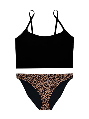 Smart & Sexy Damen Longline Top und Reversible Band Bikini Bottom Set Zweiteiliger Badeanzug, Schwarzer Farbton/klassischer Leopardenmuster, Large (2er Pack) von Smart & Sexy