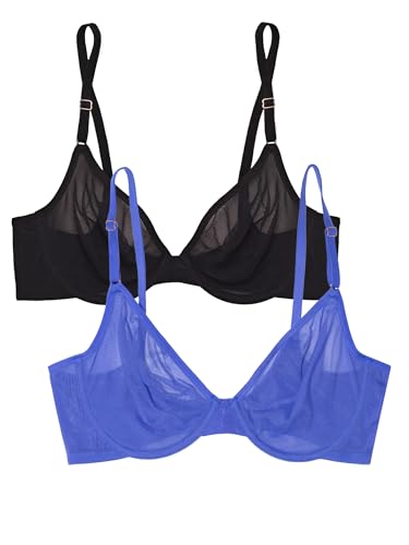 Smart & Sexy Damen Sheer Mesh Demi Underwire Bra BH, Undurchsichtige, Schillerndes Blau/Schwarz, 75C (2er Pack) von Smart & Sexy