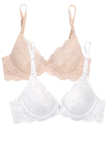 Smart & Sexy Damen Signature Lace Bra-Perfect for Seeking Effortless Style and Comfort Push-Up-BH, Undurchsichtige, In The Buff/White, 2 Stück, 85A (2er Pack) von Smart & Sexy