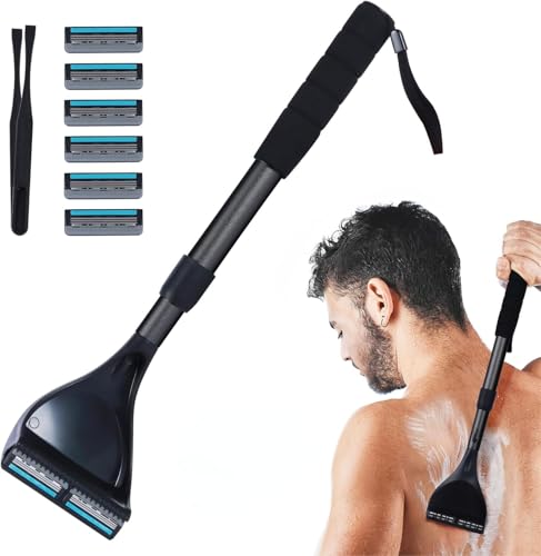 Rückenrasierer für Männer mit Langem Griff - Verstellbarer - Rückenhaarentferner DIY Rasierklingen-Set Schmerzfreie mit 5 Klingen - Universal Rasierer Zweischneidig (Schwarz) von SmartB
