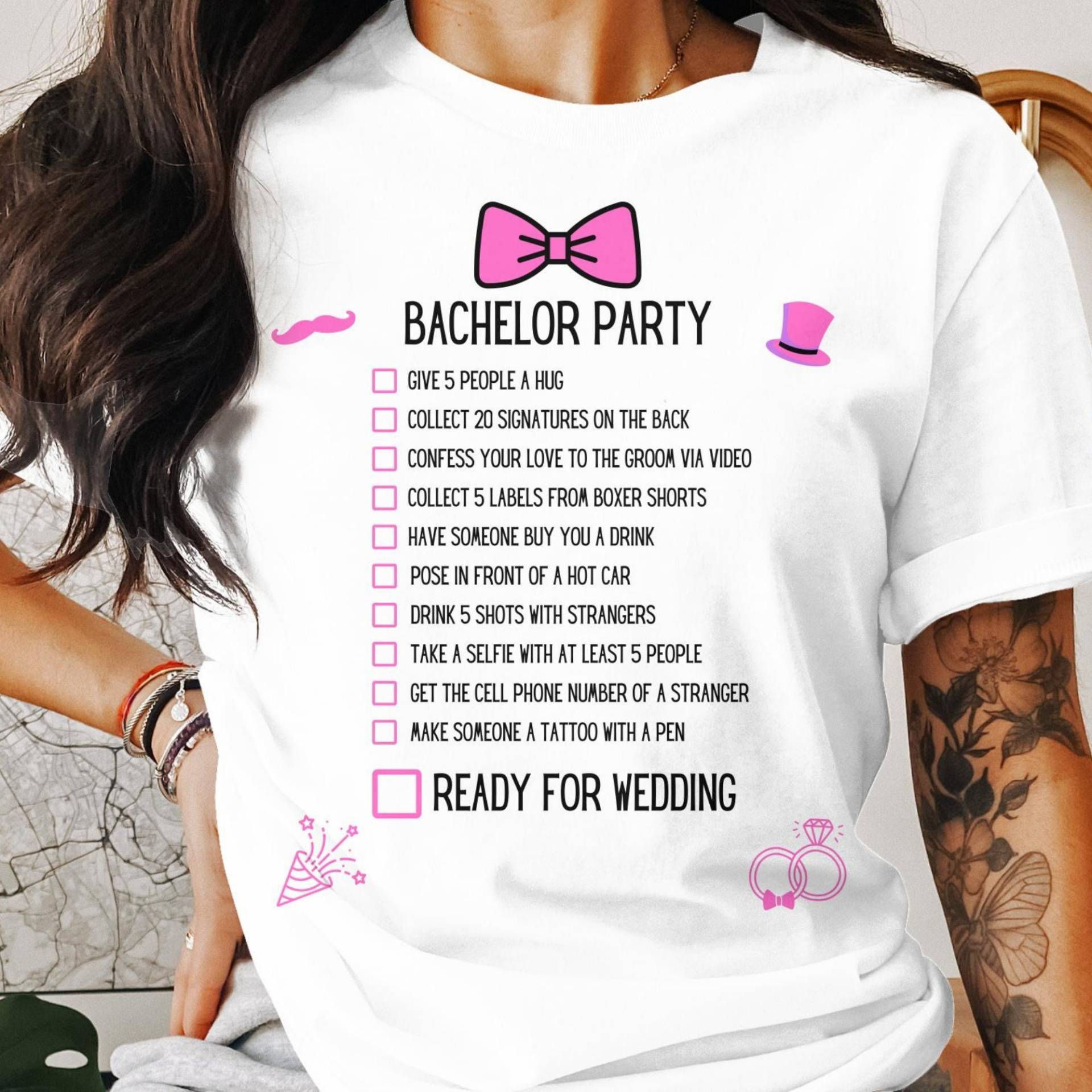Bachelorettte Party Shirt, Groom Bride Bow Tie, Checklist With Graphics, Personalized Fun For Bachelor/Bachelorette Events, Great Gift Idea Bachelorettte Party Shirt, Groom Bride Bow Tie, Checklist With Graphics, Personalized Fun For Bachelor/Bachelorette Events, Great Gift Idea von SmartStreetwearShop