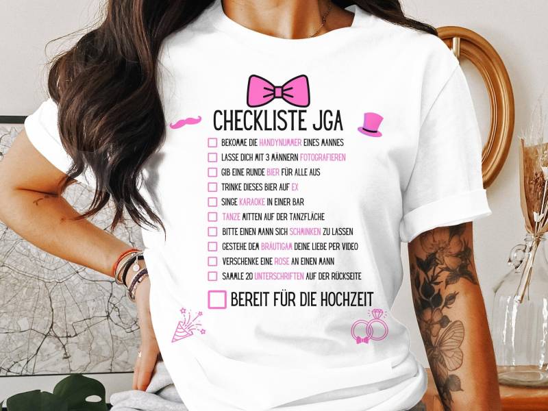 Lustiges Checkliste Jga Shirt, Aufgaben Braut T-Shirt, Junggesellinnenabschied Witzig Junggesellin Rosa Schleife Liste, Coquette Top von SmartStreetwearShop