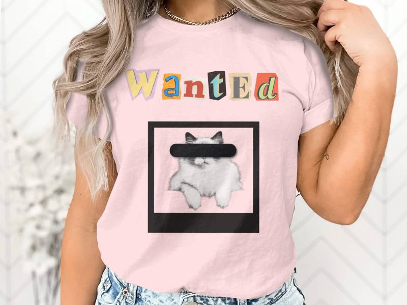 Wanted Katzen Polaroid Shirt, Süße Katze T Trendiges Niedliches Oberteil, Trendy Cat Jersey, Bequemes Baumwolle Oberteil, T-Shirt von SmartStreetwearShop