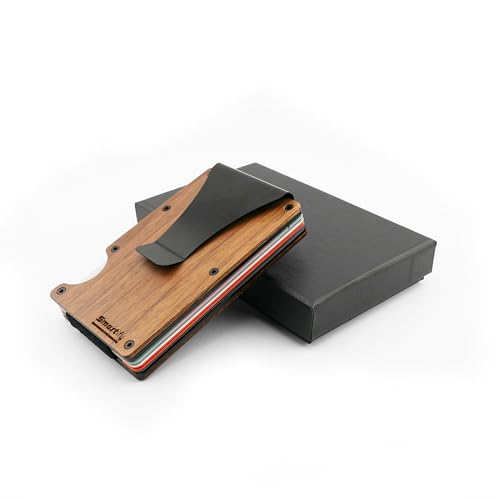 Smartify Kartenetui aus Walnussholz - Business Card Holder für Herren - RFID Schutz Slim Wallet für Kreditkarten Bargeld Visitenkarten - Holz Kartenhalter mit Gummiband und Metall Clip von Smartify