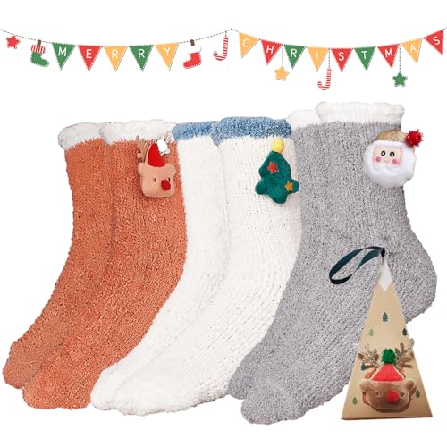 Smavles Weihnachtssocken Damen, Weihnachtsgeschenke für Frauen Lustige Socken Flauschige Socken Geschenk Warme Weihnachtsgeschenke für Damen im Winter Weihnachten Stoppersocken mit Geschenkbox 3 Paar von Smavles