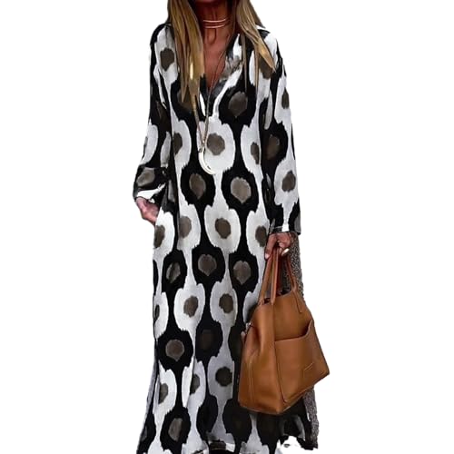 Smbcgdm V-Ausschnitt langes Kleid Dame Kontrastfarbe Frauen Geometrische Print Ärmel Herbst Winter mit Kontrastfarben, Schwarz , XXL von Smbcgdm