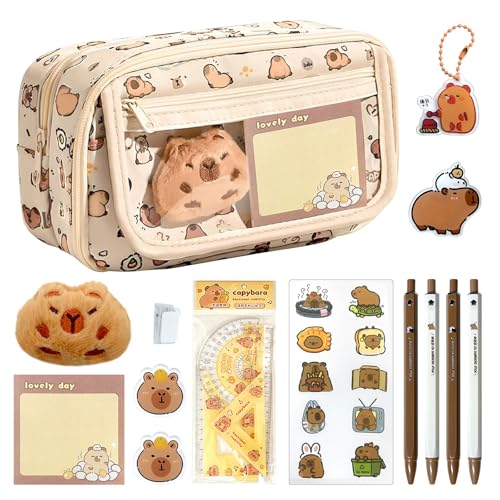 Smdbzda 24 Stück Capybara Schreibwaren Set, 9 Layer Große Kapazität, Capybara Mäppchen, Niedlichen Capybara Federtaschen, Mit Stiften, Clips, Linealen und Mehr, Schreibwaren Geschenkset für Kinder von Smdbzda