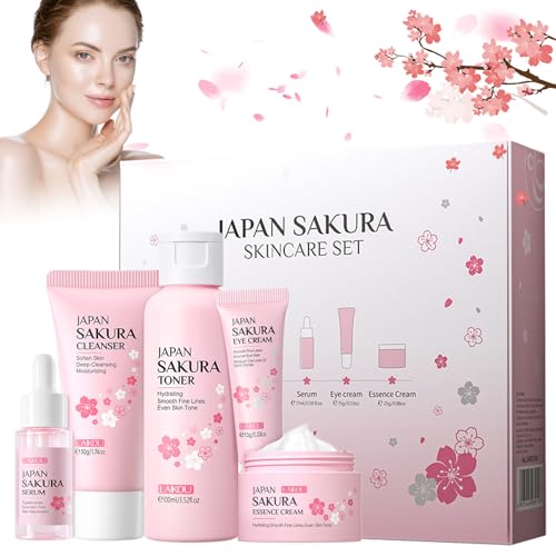 Sakura Gesichtspflege Set,Sakura Hautpflege Set Für Mädchen und Frauen,Gesichtspflege Geschenke Set,Gesicht Reinigung & Feuchtigkeitsspendendes Sakura Hautpflege Set(5 Teiliges) von Smdrafy