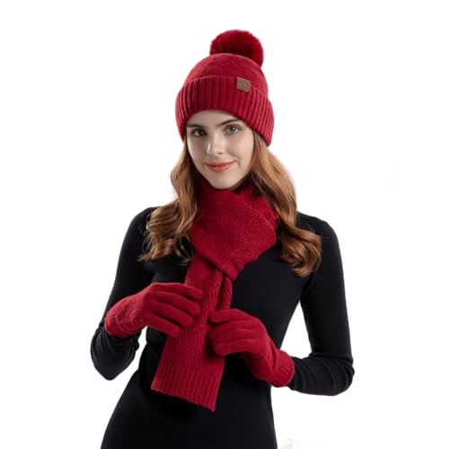Smgbway Damen Winter Warm Beanie, Strickmütze Wintermütze Schal Beanie Gestrickt Fleece, Mütze Schal Handschuhe Set mit Pompon, 3 in 1 Weiche Wärmer Winterschal Strick Winterzubehör Geschenke Smgbway Damen Winter Warm Beanie, Strickmütze Wintermütze Schal Beanie Gestrickt Fleece, Mütze Schal Handschuhe Set mit Pompon, 3 in 1 Weiche Wärmer Winterschal Strick Winterzubehör Geschenke von Smgbway