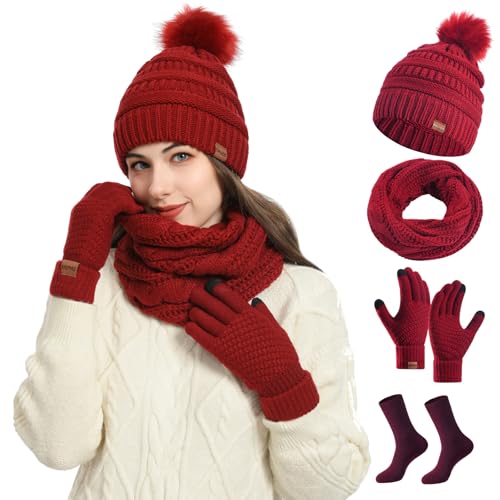 Smgbway Mütze, Schal & Handschuh-Sets für Damen, Beanie Mütze Damen Winter mit Fleecefutter, Warm Weichem Innenfutter Strickmütze, Socken und Schal, Touchscreen Handschuhe 4 in 1 Set Winter Geschenk Smgbway Mütze, Schal & Handschuh-Sets für Damen, Beanie Mütze Damen Winter mit Fleecefutter, Warm Weichem Innenfutter Strickmütze, Socken und Schal, Touchscreen Handschuhe 4 in 1 Set Winter Geschenk von Smgbway