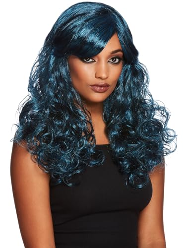 Gothic Seductress Curly Wig, Black & Blue, with Fringe von Smiffys