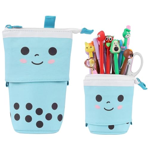 Smilbaley Teleskopisch Mäppchen, Federmäppchen Reißverschluss, 2-in-1 Standmäppchen, Pop-Up Bleistifthalter, 2-in-1 Schlampermäppchen, für Schülerin Teenager Mädchen Erwachsenenschulbüro (Blau) von Smilbaley