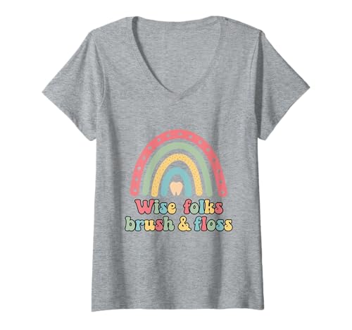 Damen Wise Folks Zahnhygienikerin mit Bürste und Zahnseide, Regenbogenfarben T-Shirt mit V-Ausschnitt Damen Wise Folks Zahnhygienikerin mit Bürste und Zahnseide, Regenbogenfarben T-Shirt mit V-Ausschnitt von Smile Champion
