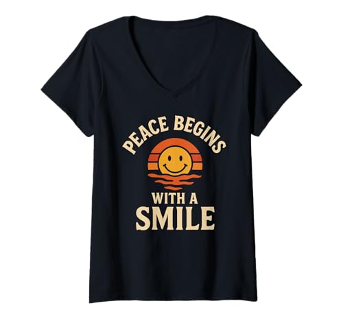 Damen Peace Begins with A Smile Retro Positive Zitat Happy Face T-Shirt mit V-Ausschnitt von Smile Face Sunshine Happy Sun Cute Smiling Shirt