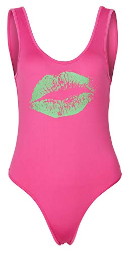 Smile Fish Damen 80er Jahre Kostüme Lippen Bedruckt Neon Retro U-Ausschnitt Tanga Bodysuits, Einlagig, Hot Pink, Small von Smile Fish