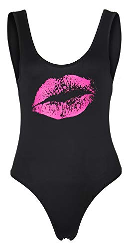 Smile Fish Damen 80er Jahre Kostüme Lippen Bedruckt Neon Retro U-Ausschnitt Tanga Bodysuits, Einlagig schwarz, Large von Smile Fish