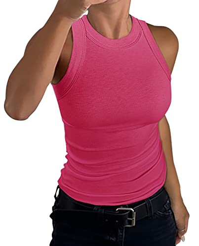 Smile Fish Damen Ärmelloses Racerback Hoher Kragen Tank Top Casual Basic Fitted Vest, hot pink, M von Smile Fish