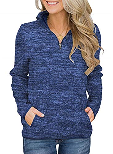 Smile Fish Damen Beil?ufig Lange ?rmel Stehkragen Sweatshirt Top 1/4 Zip Oversized Pullover mit Taschen(Navy blau,L) von Smile Fish