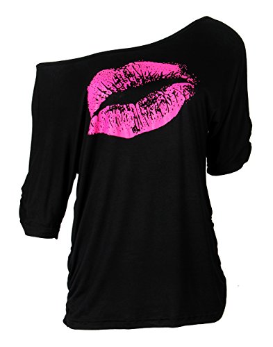 Smile Fish Damen Casual Sternchen Lippen drucken One-Shoulder T-Shirt Langarm Rundhals Oversize Pullover 80s Tops £¨Lippe,Schwarz-Rose,L von Smile Fish