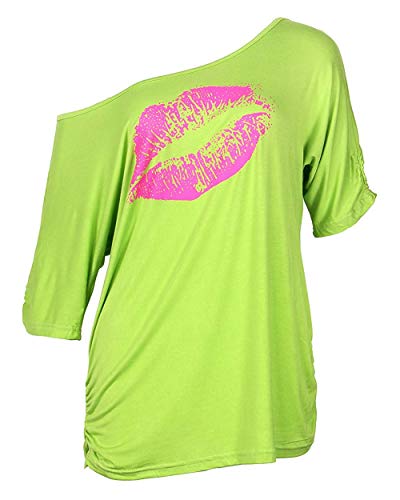 Smile Fish Damen Casual Sternchen Lippen drucken One-Shoulder T-Shirt Langarm Rundhals Oversize 80er Pullover Tops (Large, Fluoreszierendes Grün) von Smile Fish