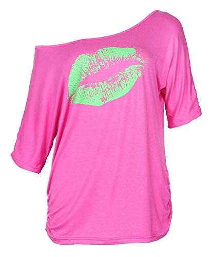 Smile Fish Damen Casual Sternchen Lippen drucken One-Shoulder T-Shirt Langarm Rundhals Oversize 80er Pullover Tops (Large, Fluoreszierendes Rosa) von Smile Fish