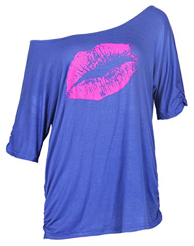 Smile Fish Damen Casual Sternchen Lippen drucken One-Shoulder T-Shirt Oversize 80er Pullover Tops (Small, Blaue Rose) von Smile Fish