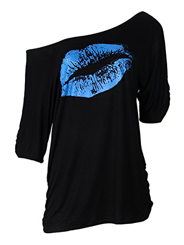 Smile Fish Damen Casual Sternchen Lippen drucken One-Shoulder T-Shirt Oversize 80er Pullover Tops (X-Large, Schwarz-Blau) von Smile Fish