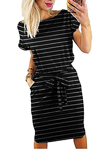 Smile Fish Damen Gestreiftes Elegant Kurzarm Midi Kleider Taschen Casual Bleistiftkleid mit Gürtel, Schwarz (Medium Stripe), Small von Smile Fish