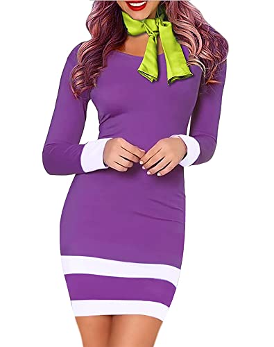 Smile Fish Damen Halloween Langarm Lila Kleid für Daphne Kostüm Minikleid, Lila mit Schal, Groß von Smile Fish