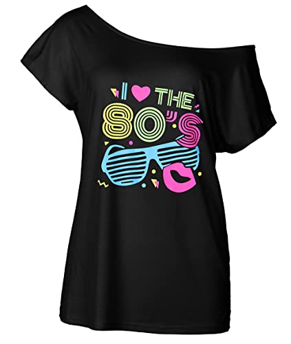 Smile Fish Damen I Love The 80's Off The Shoulder Tops 80er Jahre Kostüme T-Shirts, 007-Schwarz-8, 3X-Groß von Smile Fish