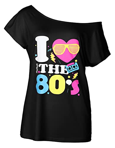 Smile Fish Damen I Love The 80's Off The Shoulder Tops 80er Jahre Kostüme T-Shirts, 007-Schwarz-9, 4X-Groß von Smile Fish