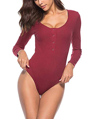 Smile Fish Damen Langarm Body mit U-Neck Sexy Streifen Frauen Metall Knopf Langarm Jumpsuit Bodysuit (Weinrot, Medium) von Smile Fish