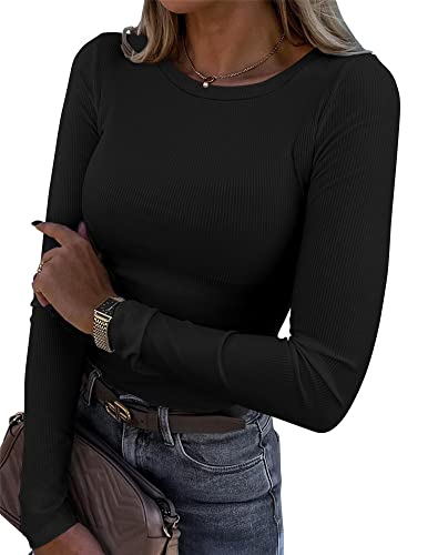 Smile Fish Damen Langarm Stretch Crewneck Gerippt T-Shirt Fitted Casual Basic Tops, Schwarz XL von Smile Fish