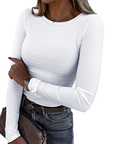 Smile Fish Damen Langarm Stretch Crewneck Gerippt T-Shirt Fitted Casual Basic Tops, Weiß XL von Smile Fish
