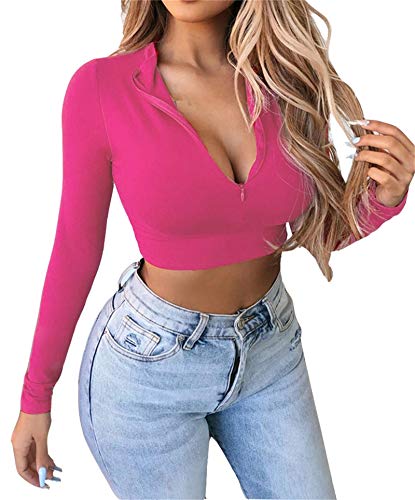 Smile Fish Damen Quarter Zip Crop Top Fleece gefüttert Sexy Deep Neck Trikot Top(Rosa,XL) von Smile Fish