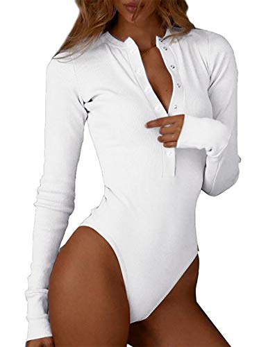 Smile Fish Damen Sexy Button Down Bodysuit Langarm gerippt Strick Layer Top (Weiß, XL) von Smile Fish