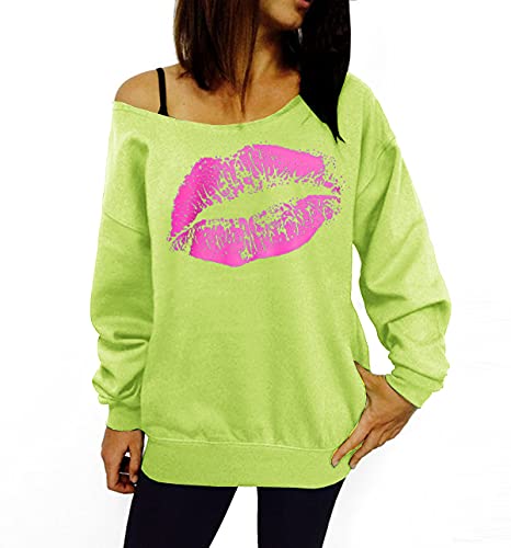 Smile Fish Damen Sexy Slouchy 80er Jahre Lippe Sweatshirt Schulterfreies Bedrucktes Hemd(0096,Neongrün Rosa,L) von Smile Fish