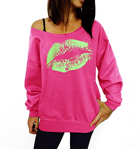 Smile Fish Damen Sexy Slouchy 80er Jahre Lippe Sweatshirt Schulterfreies Bedrucktes Hemd(0096,Rosa Neongrün,L) von Smile Fish