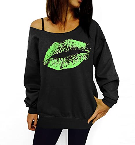 Smile Fish Damen Sexy Slouchy 80er Jahre Lippe Sweatshirt Schulterfreies Bedrucktes Hemd(0096,Schwarz Grün,M) von Smile Fish