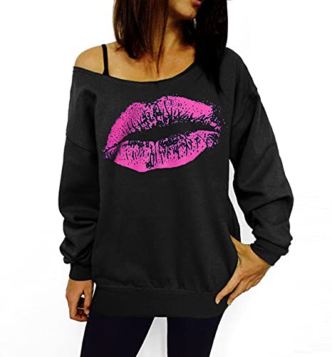 Smile Fish Damen Sexy Slouchy 80er Jahre Lippe Sweatshirt Schulterfreies Bedrucktes Hemd(0096,Schwarz Rosa,L) von Smile Fish