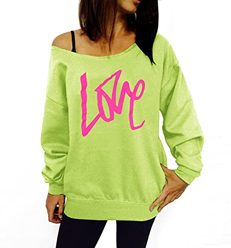 Smile Fish Damen Sexy Slouchy 80er Jahre Love Sweatshirt Schulterfreies Bedrucktes Hemd(0096,Neongrün Rosa,L) von Smile Fish