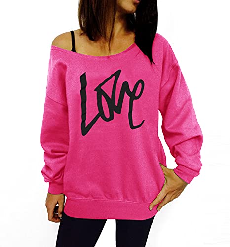 Smile Fish Damen Sexy Slouchy 80er Jahre Love Sweatshirt Schulterfreies Bedrucktes Hemd(0096,Rosa Schwarz,M) von Smile Fish