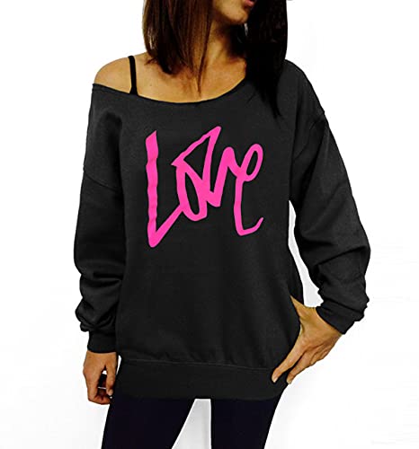 Smile Fish Damen Sexy Slouchy 80er Jahre Love Sweatshirt Schulterfreies Bedrucktes Hemd(0096,Schwarz Rosa,M) von Smile Fish