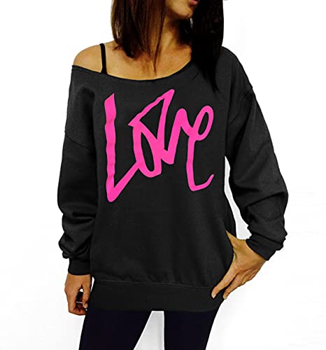 Smile Fish Damen Sexy Slouchy 80er Jahre Outfit Sweatshirt Off Shoulder Printed Shirt, Love-Black-Rose, 38 von Smile Fish